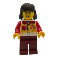 LEGO Pizzabezorger – Vrouw, donkerrode benen, halflang donkerbruin haar