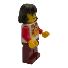 LEGO Pizzabezorger – Vrouw, donkerrode benen, halflang donkerbruin haar