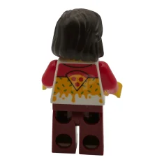 LEGO Pizzabezorger – Vrouw, donkerrode benen, halflang donkerbruin haar