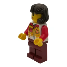LEGO Pizzabezorger – Vrouw, donkerrode benen, halflang donkerbruin haar