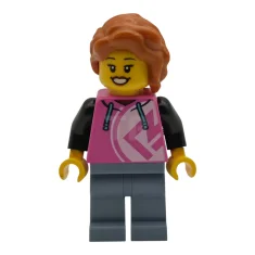 LEGO Bezoekster van een pizzeria – Vrouw, donkerroze hoodie, zandblauwe broek,…
