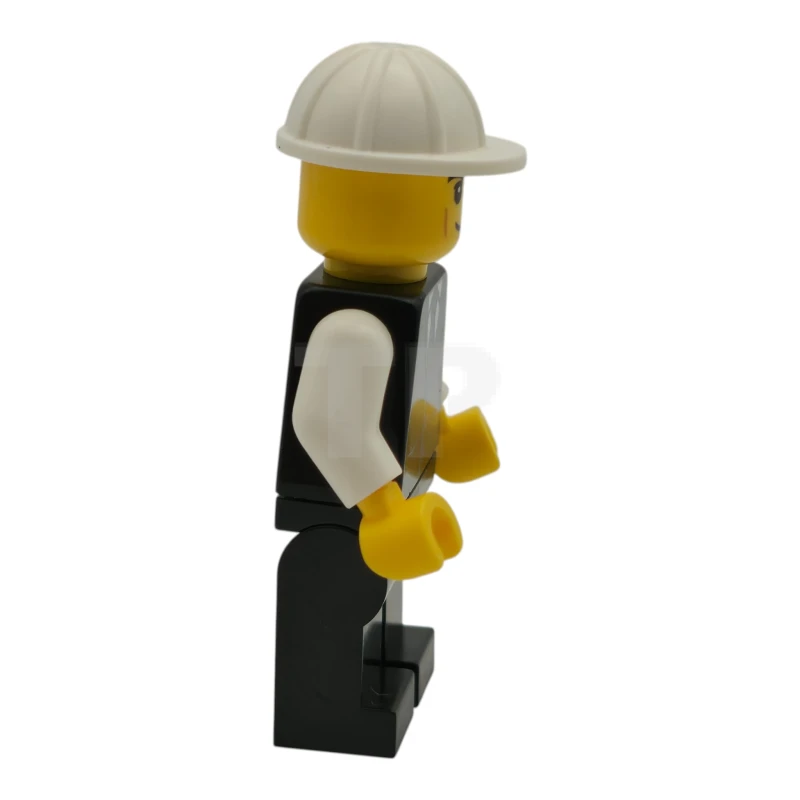 LEGO&reg; cty1788 Construction Engineer / Architect - Male, Black Vest with Blue Striped Tie, Black Legs, White Construction Helmet, Lopsided Grin