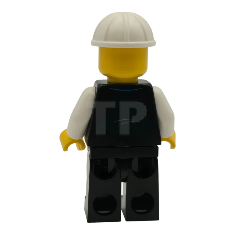 LEGO&reg; cty1788 Construction Engineer / Architect - Male, Black Vest with Blue Striped Tie, Black Legs, White Construction Helmet, Lopsided Grin