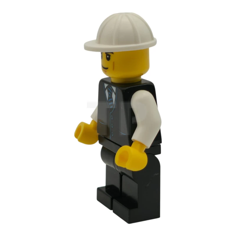 LEGO&reg; cty1788 Construction Engineer / Architect - Male, Black Vest with Blue Striped Tie, Black Legs, White Construction Helmet, Lopsided Grin