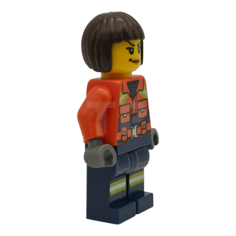 LEGO&reg; cty1958 Coast Guard City - Female, Reddish Orange Jacket with Pockets and Reflective Stripes, Dark Blue Legs with Pockets and Reflective Stripes, Dark Brown Bob Cut Hair