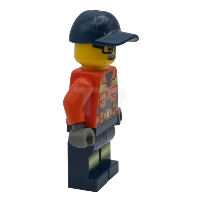 LEGO&reg; cty1959 Coast Guard City - Male, Reddish Orange Jacket with Pockets and Reflective Stripes, Dark Blue Legs with Pockets and Reflective Stripes, Dark Blue Cap, Glasses and Moustache