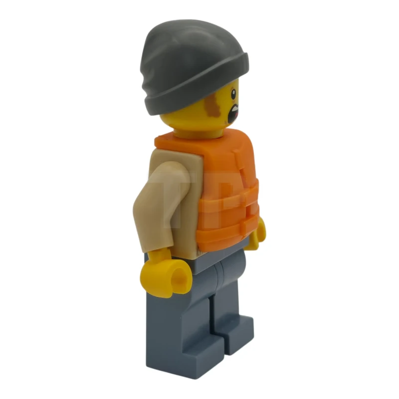LEGO&reg; cty1955 Man - Tan Knit Cable Sweater, Orange Life Jacket, Sand Blue Legs, Dark Bluish Gray Beanie