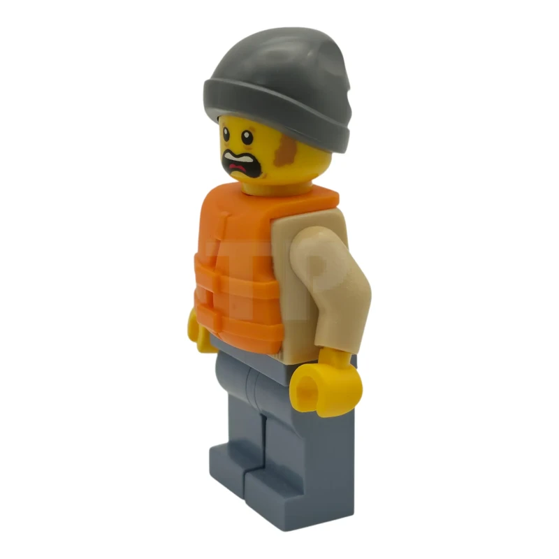 LEGO&reg; cty1955 Man - Tan Knit Cable Sweater, Orange Life Jacket, Sand Blue Legs, Dark Bluish Gray Beanie