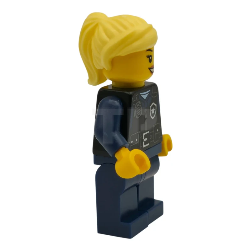 LEGO&reg; cty1979 Airport Security Guard - Female, Black Safety Vest with Silver Star Bad Logo, Dark Blue Legs, Bright Light Yellow Hair Ponytail