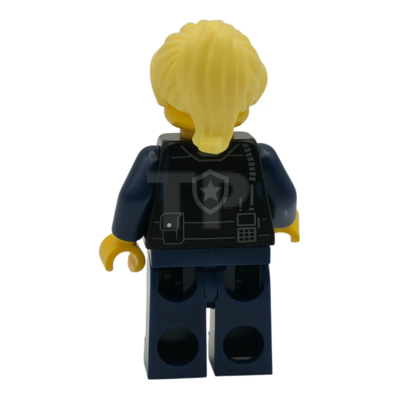 LEGO&reg; cty1979 Airport Security Guard - Female, Black Safety Vest with Silver Star Bad Logo, Dark Blue Legs, Bright Light Yellow Hair Ponytail