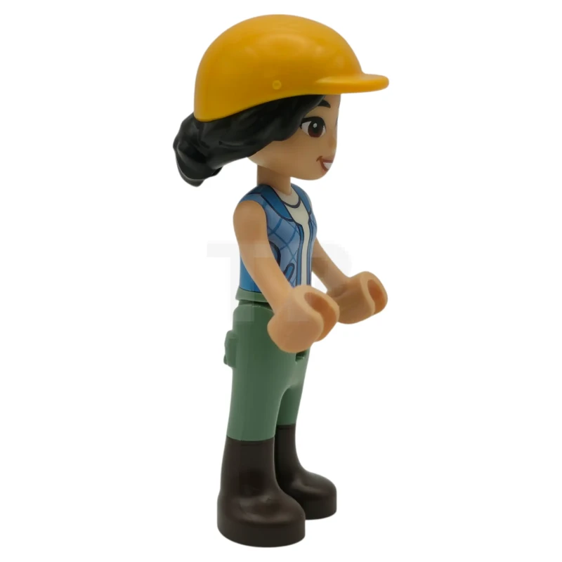 LEGO&reg; frnd0872 Friends Liann - Donker azuurblauw en fel lichtblauw vest over witte top, zandgroene broek, donkerbruine laarzen, fel lichtoranje ruiterhelm