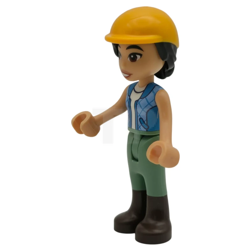 LEGO&reg; frnd0872 Friends Liann - Donker azuurblauw en fel lichtblauw vest over witte top, zandgroene broek, donkerbruine laarzen, fel lichtoranje ruiterhelm