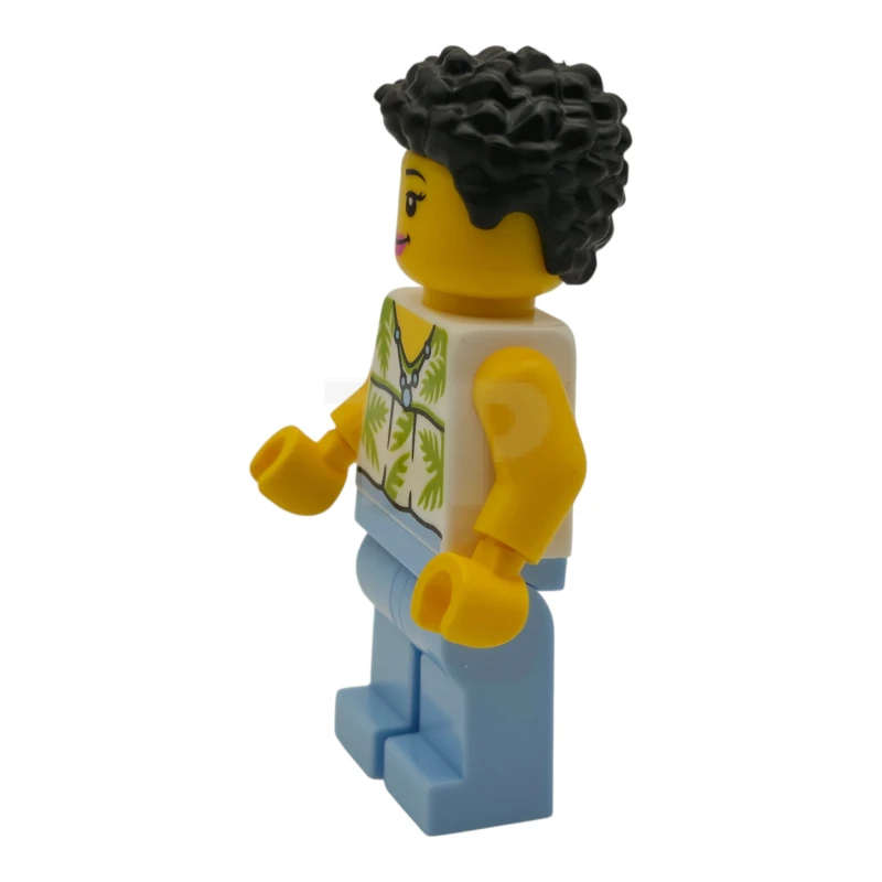 LEGO&reg; cty1954 Turista - Mujer, Top blanco sin mangas con hojas de palmera verde lima, Piernas azul claro brillante, Pelo negro