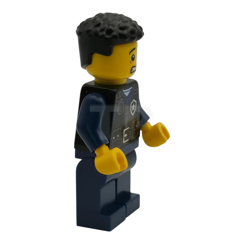 LEGO&reg; cty1989 Polizei – Stadtpolizist, männlich, schwarze Sicherheitsweste mit silbernem Stern-Abzeichen-Logo, dunkelblaue Hosenbeine, schwarze Locken