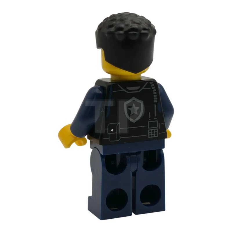 LEGO&reg; cty1989 Polizei – Stadtpolizist, männlich, schwarze Sicherheitsweste mit silbernem Stern-Abzeichen-Logo, dunkelblaue Hosenbeine, schwarze Locken