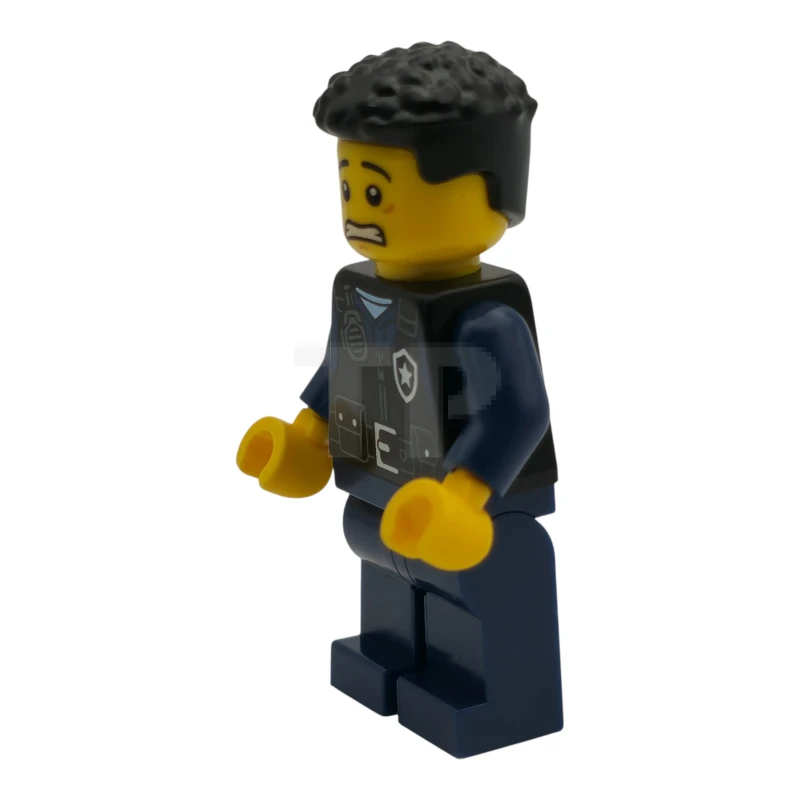 LEGO&reg; cty1989 Polizei – Stadtpolizist, männlich, schwarze Sicherheitsweste mit silbernem Stern-Abzeichen-Logo, dunkelblaue Hosenbeine, schwarze Locken