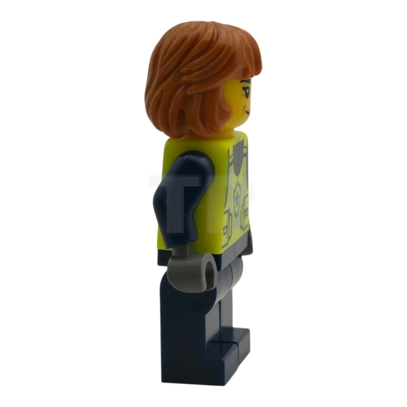 LEGO&reg; cty1990 Polizia - Agente di città, donna, giubbotto di sicurezza giallo neon, gambe blu scuro, capelli di media lunghezza arancione scuro, sorriso a bocca chiusa