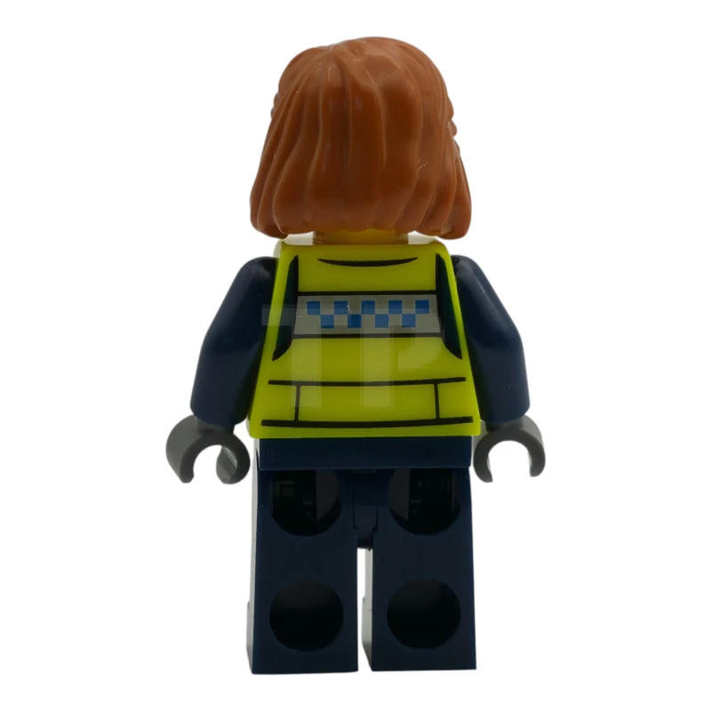 LEGO&reg; cty1990 Polizia - Agente di città, donna, giubbotto di sicurezza giallo neon, gambe blu scuro, capelli di media lunghezza arancione scuro, sorriso a bocca chiusa