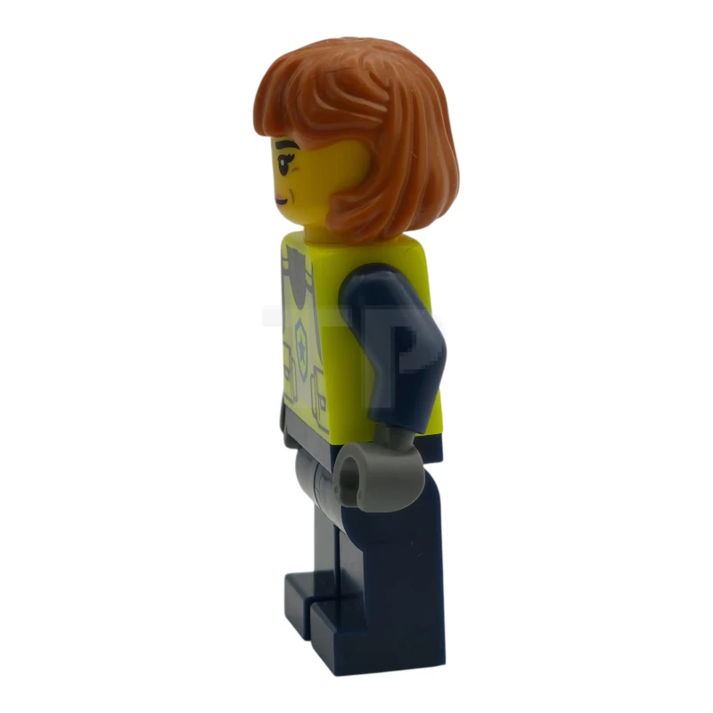 LEGO&reg; cty1990 Polizia - Agente di città, donna, giubbotto di sicurezza giallo neon, gambe blu scuro, capelli di media lunghezza arancione scuro, sorriso a bocca chiusa