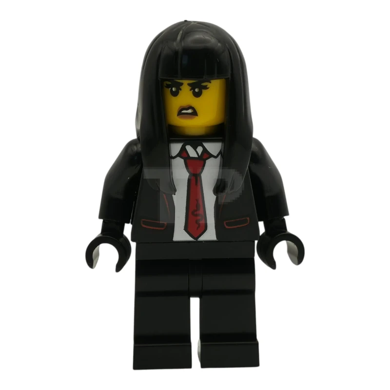 LEGO&reg; cty1987 Polizei – Stadtbanditin, Frau, schwarzer Smoking mit roter Krawatte, schwarze Beine, lange schwarze Haare