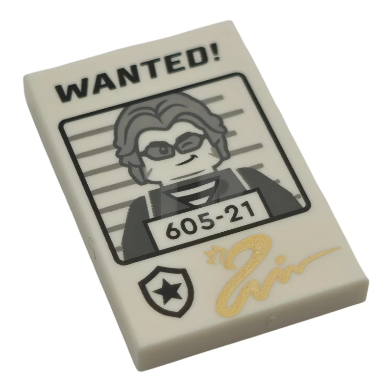 LEGO&reg;  - 26603pb601 - Tile 2 x 3 with Black 'WANTED!' and Dark Bluish Gray Minifigure with '605-21', Gold Snake Signature with Crown Pattern