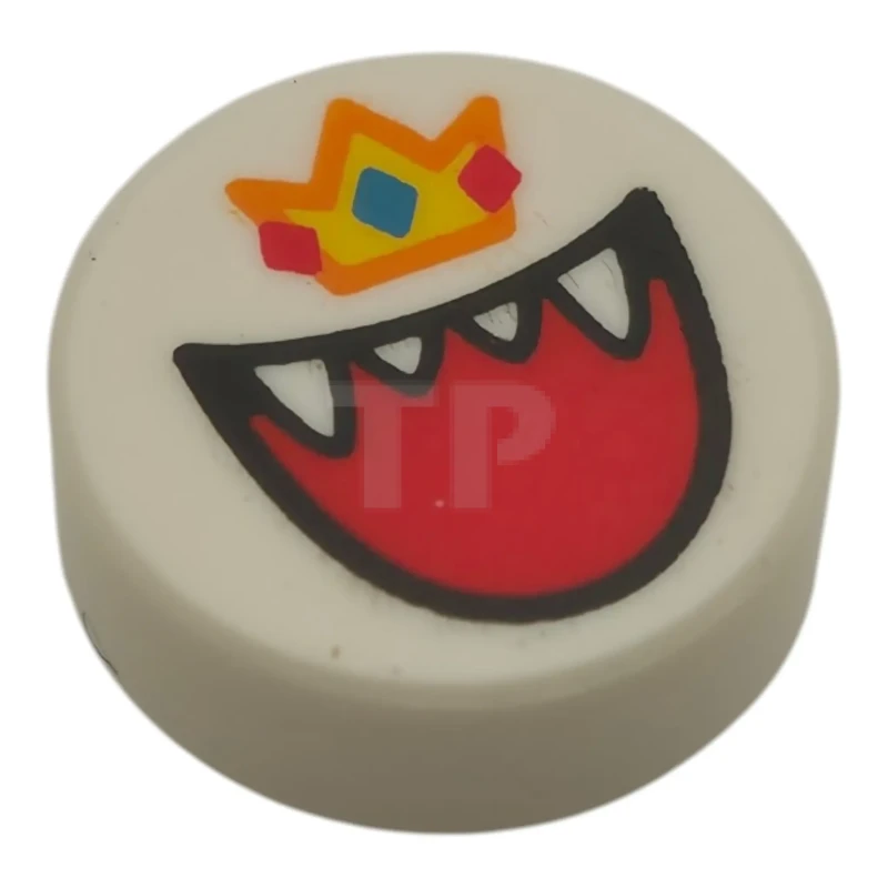 LEGO&reg;  - 98138pb462 - Fliese, rund, 1 x 1, mit offenem Mund, Zähnen und Zunge, orange-gelbe Krone mit rot-blauem Rautenmuster (Super Mario King Boo)