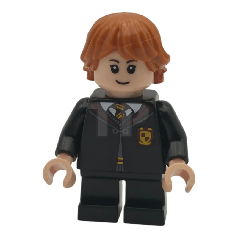 LEGO&reg; hp628 Ron Weasley – Gryffindor-Umhang zugeknöpft, Pullover, Hemd und Krawatte, schwarze kurze Hosen, schiefes Grinsen / vor Schreck offener Mund, Wangenfalten