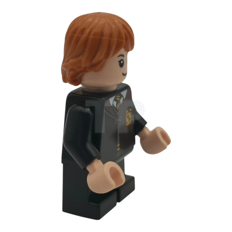 LEGO&reg; hp628 Ron Weasley – Gryffindor-Umhang zugeknöpft, Pullover, Hemd und Krawatte, schwarze kurze Hosen, schiefes Grinsen / vor Schreck offener Mund, Wangenfalten
