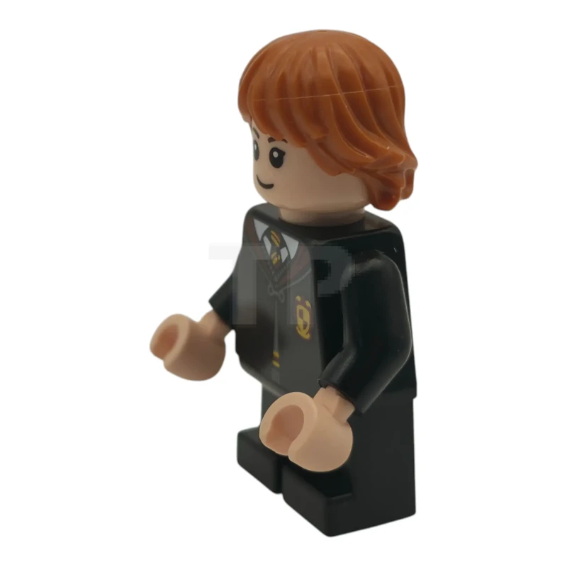 LEGO&reg; hp628 Ron Weasley – Gryffindor-Umhang zugeknöpft, Pullover, Hemd und Krawatte, schwarze kurze Hosen, schiefes Grinsen / vor Schreck offener Mund, Wangenfalten