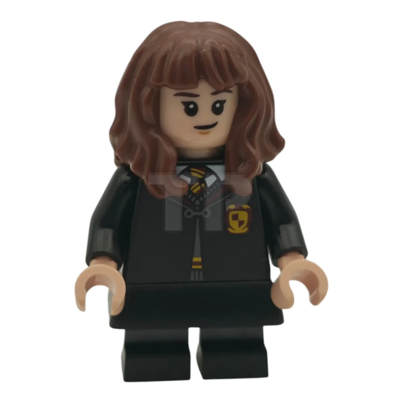 LEGO&reg; hp617 Hermione Granger - Gryffindor Robe Clasped, Black Skirt, Black Short Legs with Dark Bluish Gray Stripes, Grin / Cat Face