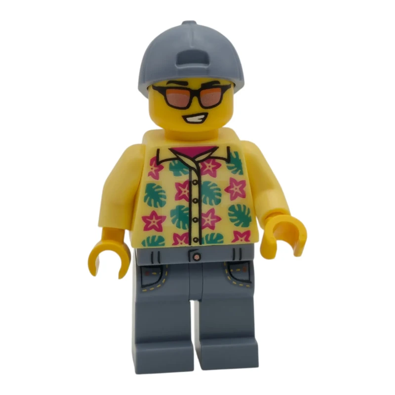 LEGO&reg; cty2012 Streetcar Passenger - Male, Bright Light Yellow Shirt with Flowers and Leaves, Sand Blue Legs with Pockets and Cap